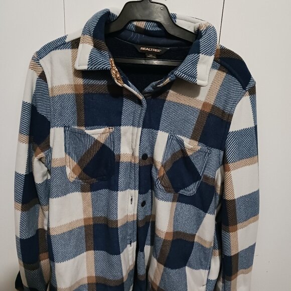 Real Tree Button Up Plaid Blue/White/Brown Fleece Shirt Jacket Size S/P - Picture 1 of 3